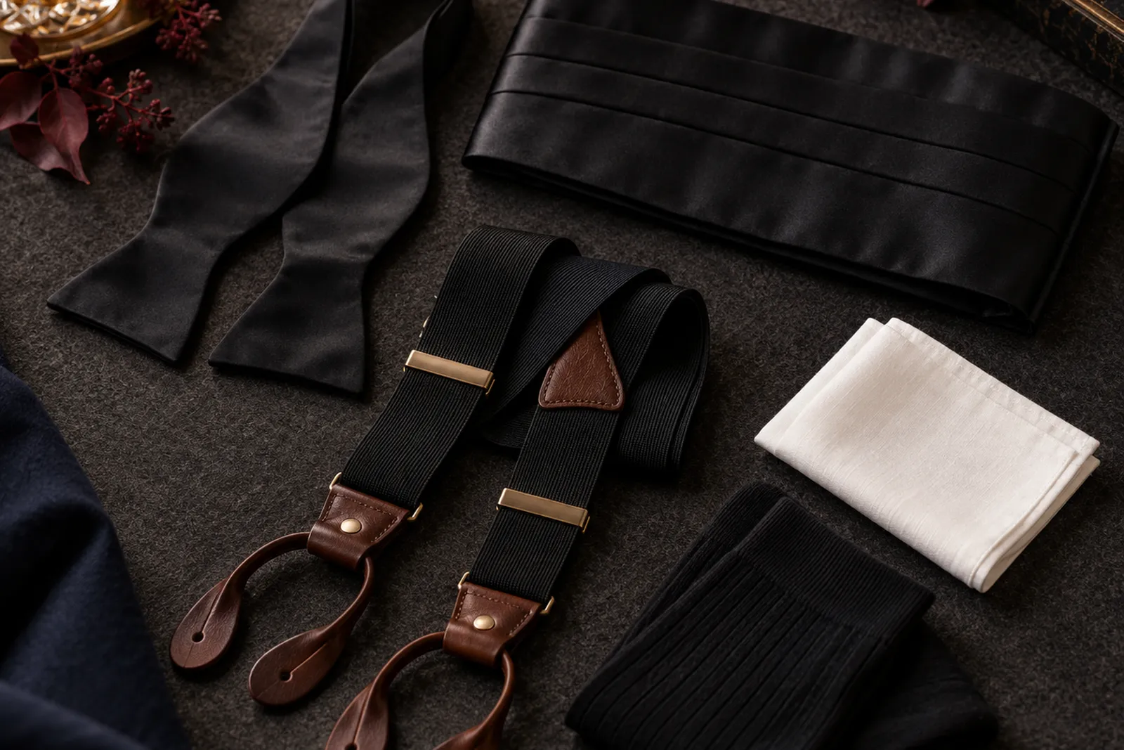 Black tie accessories laid out: self-tie bow tie, pleated silk cummerbund, braces, black dress socks and a white pocket square