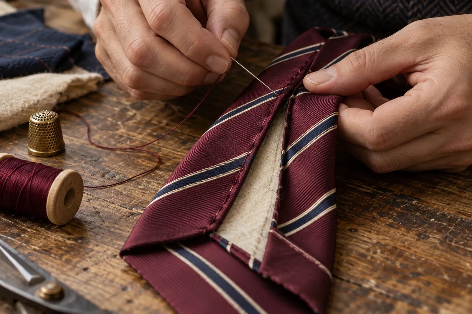 Hands closing the back seam of a striped silk tie with a loose slip stitch, wool interlining visible inside