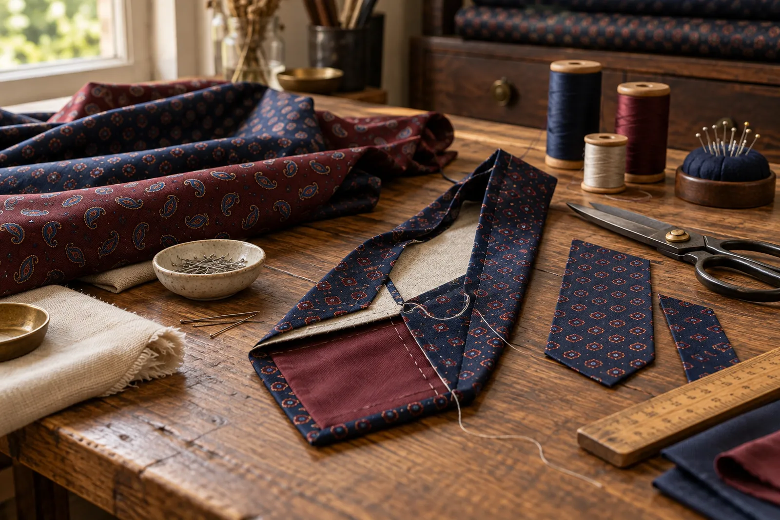 Accessories workbench with silk cloth, a partly made tie, shears and thread