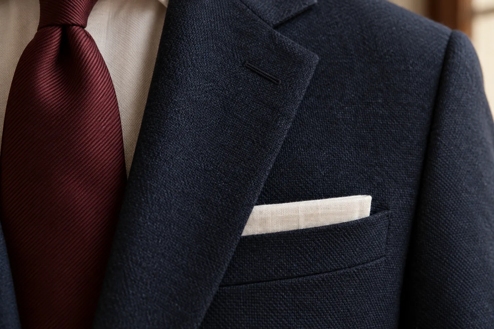 A white pocket square in a flat fold, showing about one centimetre above the breast pocket