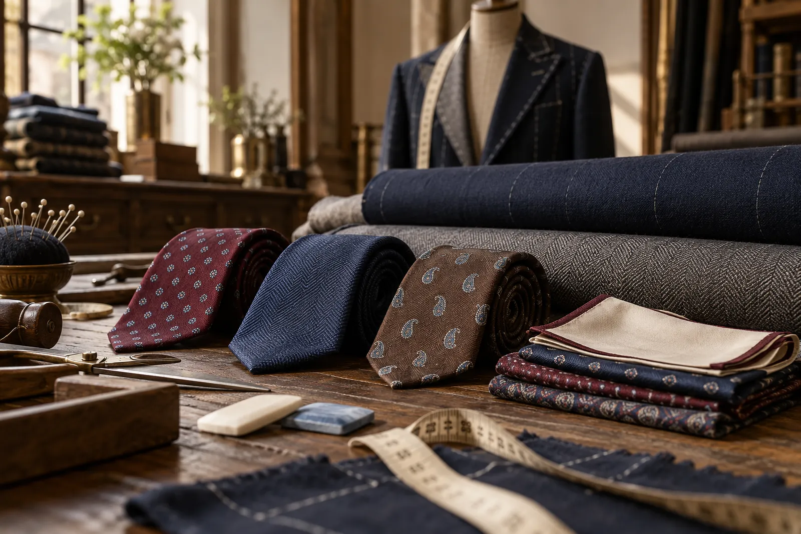 Rolled silk ties and folded pocket squares displayed beside suit cloth in a tailor's shop