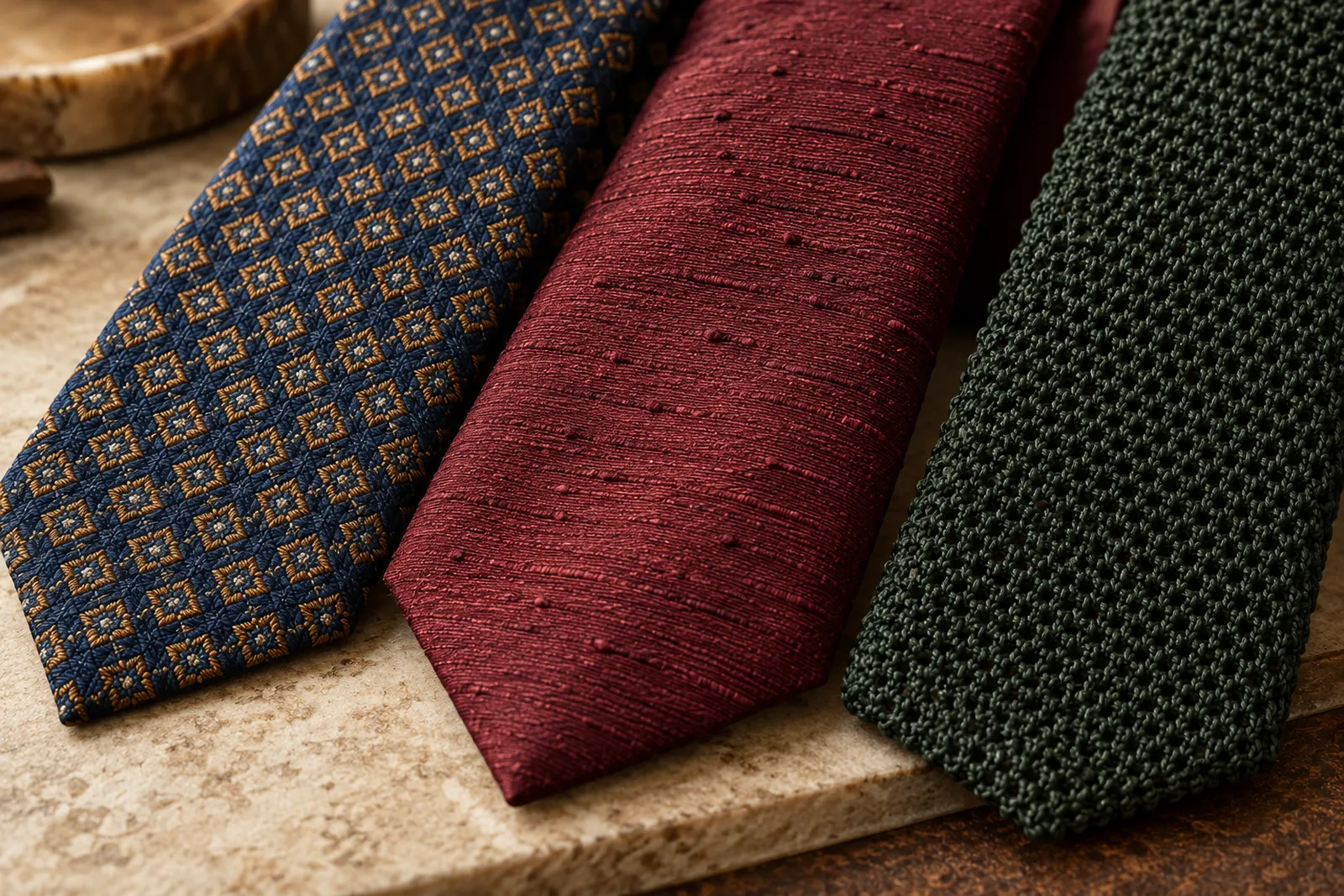 Three silk ties side by side: patterned jacquard, slubbed dupioni and knitted silk