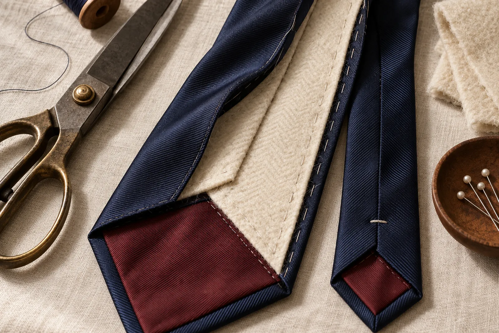 An opened silk tie showing the wool interlining, tipping and hand-stitched seam