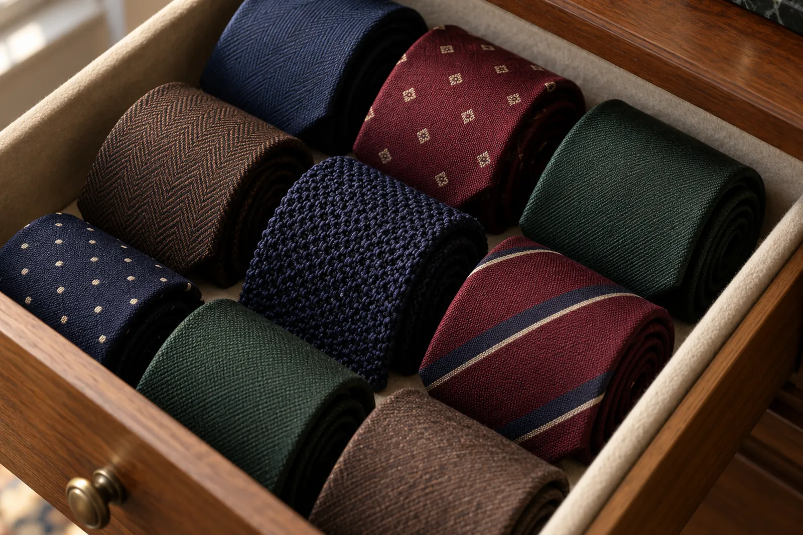 Silk ties rolled and stored in a felt-lined wooden drawer